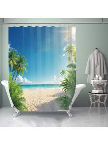 1pc/4pcs Tropical Seaside Beach Coconut Tree Printed Multifunctional Bathroom Decor Set, Includes Shower Curtain 12 Hooks, Anti-Slip Mat, U-Shaped Mat & Round Toilet Cover, For Whole Bathroom Back To School