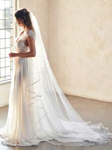 1 件双层缎边新娘面纱，适用于婚礼仪式面罩、摄影道具、教堂婚纱配饰，带发梳，超长拖尾 - 寬3米 - 查看 3