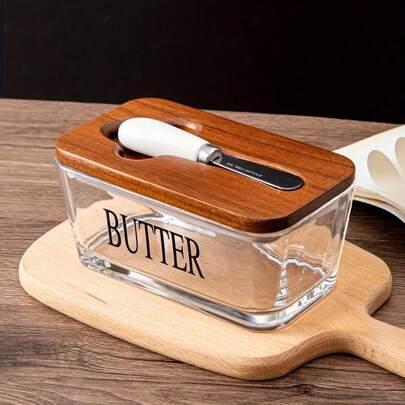 1pc Acacia Wood Lid Glass Butter Dish Set. Thick Glass Butter Container With Bamboo Lid For Home Kitchen, Large Butter/Cookie/Snack Storage, Suitable For Gifts, Christmas Present