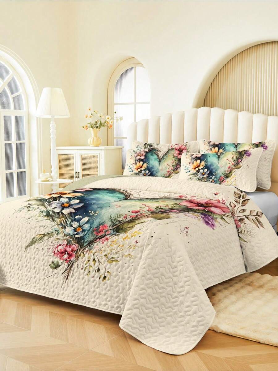 2/3 件套床上用品（1 件床罩 + 1/2 件枕套），数字心形和花卉印花，柔软舒适，时尚清新，适合酒店、卧室、宿舍、所有季节