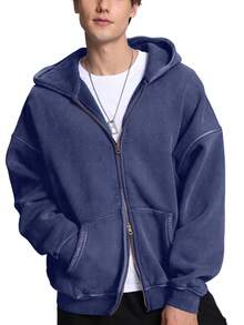 Faiable Mens Womens Double Zip Up Hoodie Oversized Acid Wash Hoodies Heavyweight Fleece Cotton Zipper Hoodie Vintage - 寶藍色 - 查看 3