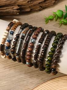 10pcs/Set Bohemian Style Wooden Bead, Sea Turtle, Coconut, Turquoise Bracelet Set, Suitable For Men's Daily Wear