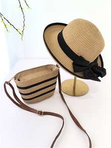 1 Set Cappello di paglia e borsa a tracolla in paglia da donna, cappello a falde larghe con fiocco stile boho e borsa a tracolla, cappello da spiaggia e borsetta adatti per l'uso casual all'aperto, viaggi, vacanze al mare e uso quotidiano - Multicolore - Visualizzare 7