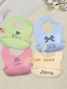 LICVIC 1pc Custom Engraving Name Baby Silicone Tableware, Personalized Soft Silicone Bibs With Pattern, Customized Engraved Baby Silicone Bibbaby, Dark Red/Cream/Blue/Green, Silicone Adjustable Waterproof Bibs, Kids Child Toddlers Baby Feeding - Multicolor - View 2