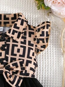 婴儿/女宝宝时尚盖袖拼布印花和网眼装饰连衣裙，夏季 - 黑色 - 查看 4