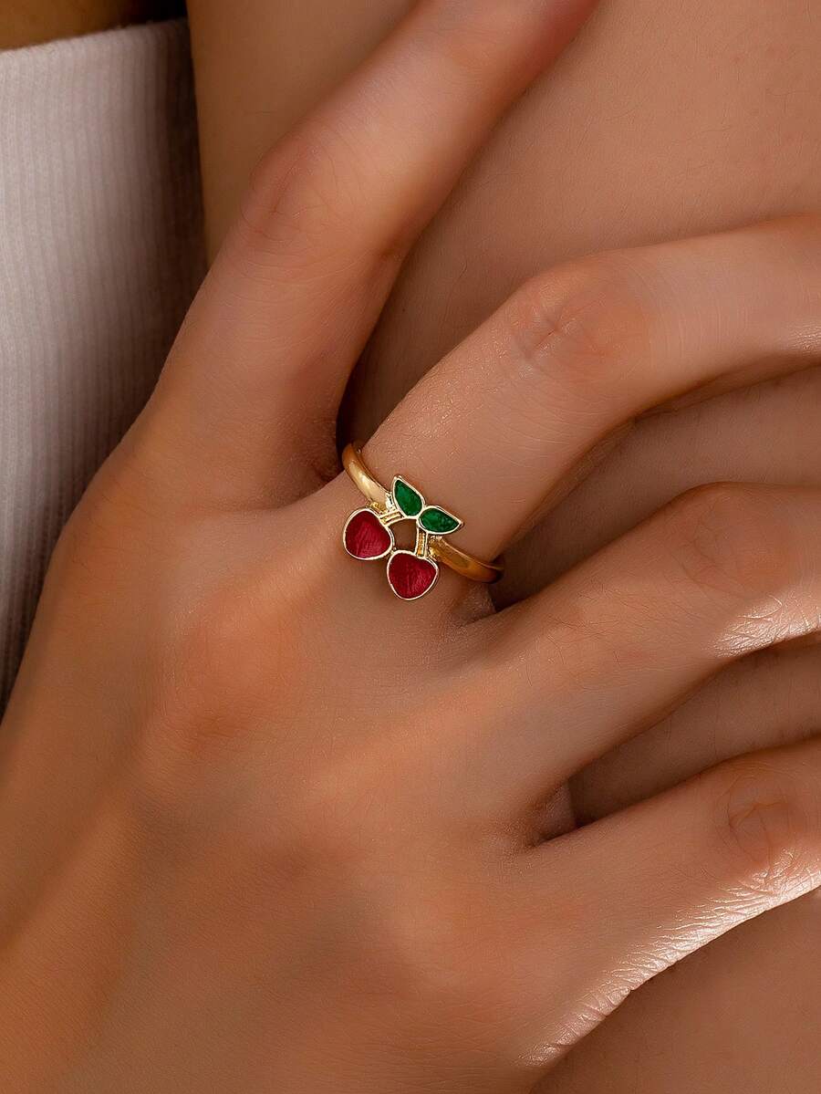 1 Pc Enameled Cherry Ring Spring Summer Fruit Rings Women Vacation Style Jewelry - Multicolor - View 1