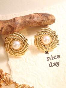 2pcs Stainless Steel Pearl Design Fashion Geometric Earrings, Stylish And Versatile - Multicolor - View 2