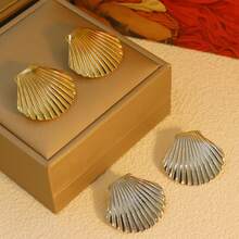 1 Pair Stainless Steel Textured Shell Large Stud Earrings, Unique 18K Gold Color Geometric Metal Waterproof Luxury Jewelry