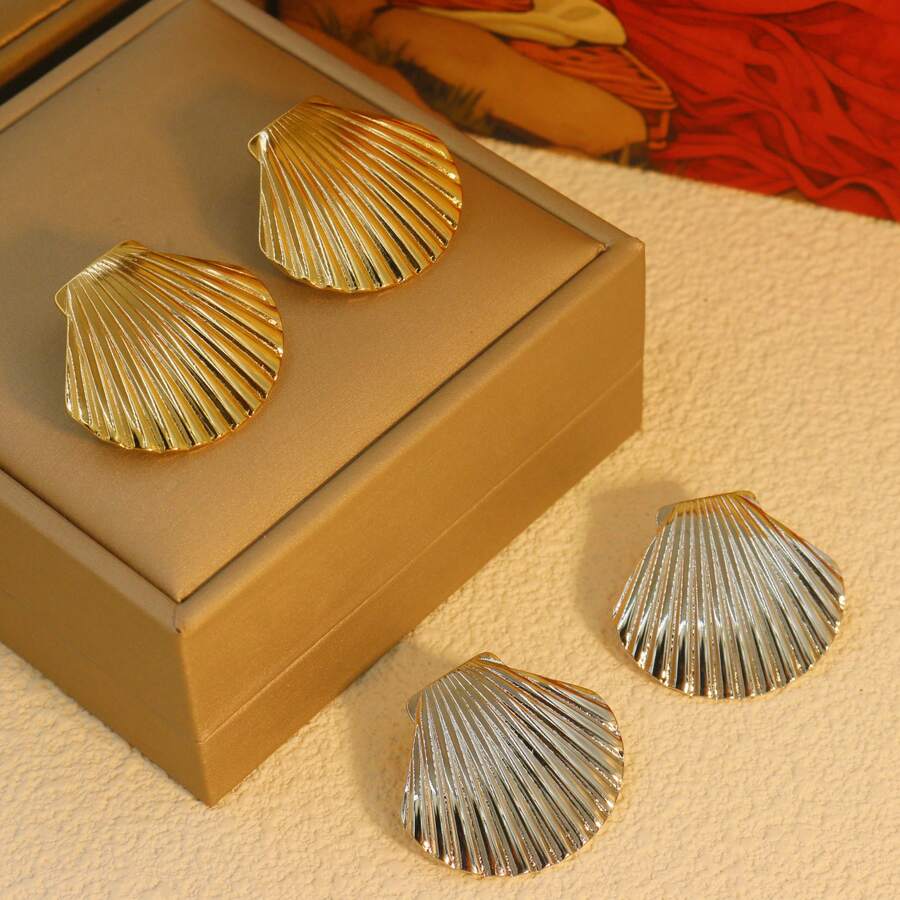 1 Pair Stainless Steel Textured Shell Large Stud Earrings, Unique 18K Gold Color Geometric Metal Waterproof Luxury Jewelry
