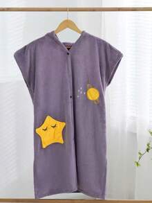 1 件刺绣连帽无袖袋鼠口袋珊瑚绒浴袍，柔软，吸水，适合家庭、浴室、卧室、泳池、海滩、春夏季家居浴室装饰 - 彩色 - 查看 14