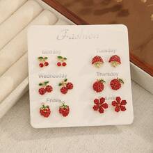 1-6对时尚金鱼、树、可爱水钻镶嵌水果系列耳钉套装