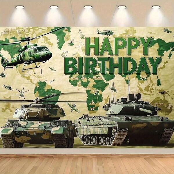 1pc Birthday Banner With Helicopter And Tank Design - "Happy Birthday" Text, Polyester Material, Suitable For Indoor/Outdoor Party Decor, Photo Backdrop, Honoring Service Members, Military Events And Patriotic Celebrations | Military Honor Design | Polyester Banner, Military Gift
