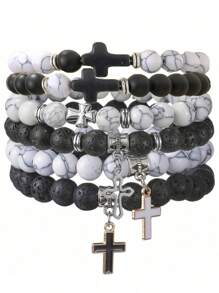 2pcs/4pcs/6pcs Classic Men's Beaded Cross Pendant Bracelet Set, Casual Daily Wear, Gift For Boyfriend, Husband, Father, Son