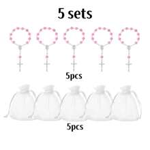 1/5/10 Sets Baptism Mini Baptism Favors Finger Baptism Rosaries Pink Rose Shaped Beads With Organza Bags For Christening Weddings First Party Favors