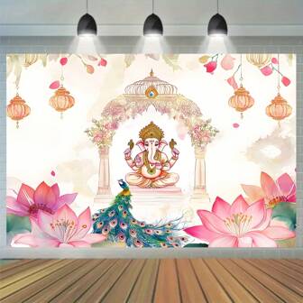 传统孔雀和莲花图案背景布，涤纶多用途派对横幅，无需电力，适合作为婚礼、排灯节的摄影道具