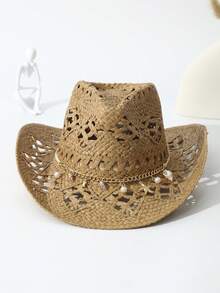 1pc Unisex Conch Decor Cowboy Hat Handmade Wide Brim Handmade Cowgirl Hat Hollow Out Casual Sun Hat Spring Summer Travel Shade Beach Hat Straw Hat - 卡其色 - 查看 2
