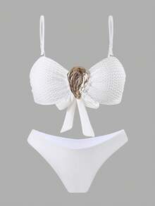 3pcs Set: Simple Solid Color Swimwear Top With Metal Accent, V-Cut Triangle Shorts, And Solid Color Side Trim Maxi Skirt Cover Up - White - View 7