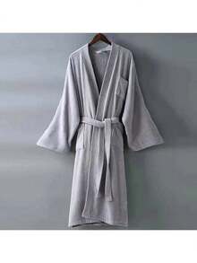 1pc Terry Velour Plain Collar Robe, Bathrobe, Loungewear, Home Wear, Soft, Absorbent, For Bathroom, Bedroom, Swimming Pool Back To School - White - View 8