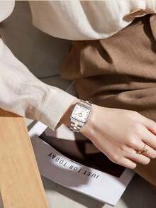 BIDEN 1件装时尚方形女士石英表，休闲简约，夜光表盘，不锈钢表带，带日历功能，送礼佳品 - 白色 - 查看 7