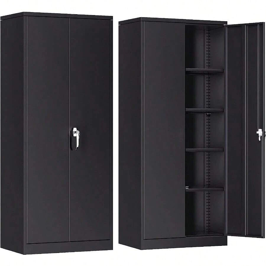 SUPEER AktenschrankMetallschrank mit 4 höhenverstellbaren Fachböden Stahlblech Puerbeschichtung Stahlschrank für Werkzeuge Garage180 x 80 x 40 cm schwarz - Schwarz1 - Übersicht 1