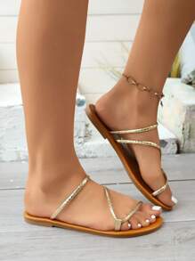 Sandalias romanas planas y simples de verano, estilo de vacaciones casual con tiras tejidas tipo peep toe para mujer, estilo europeo y americano