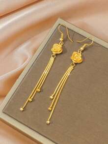 1 par de pendientes largos con borlas y flores de rosa, adecuados para bodas/uso diario (sin caja) - Amarillo Oro - Ver 1