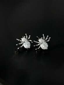 1 Pair Men's Earrings, Copper Inlaid Zirconia Spider Insect Stud Earrings, Daily Accessories, Gifts - Silver - View 1