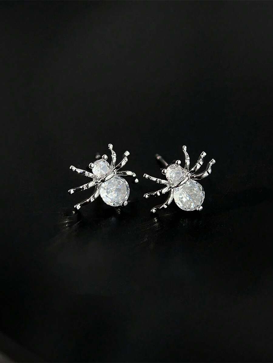 1 Pair Men's Earrings, Copper Inlaid Zirconia Spider Insect Stud Earrings, Daily Accessories, Gifts - Silver - View 1