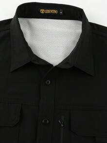 LEDUNTINO 男士休闲卡其色衬衫，运动风，纯绿色，适合送给丈夫/男友，男士短袖 Polo 领拉链口袋衬衫，春夏款 - 黑色 - 查看 4