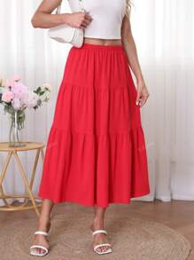 Women's Solid Color Layered A-Line Skirt, Soft Casual Elastic Waist Skirt