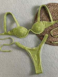 Bikinx Women's Floral Textured Underwire Bikini Pleated Strap Swimsuit Set - Green - View 1