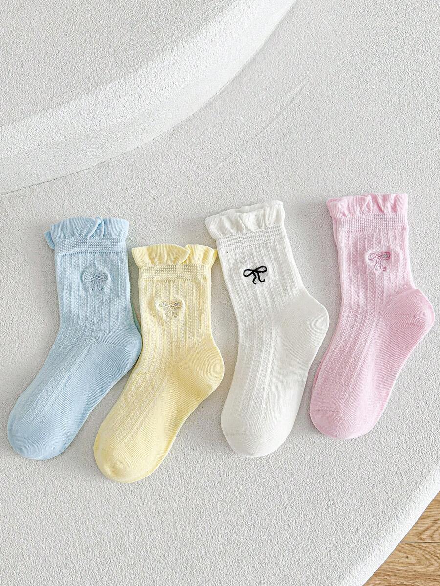 4 Pairs Girls Cute Butterfly Embroidery Mesh Mid-Calf Socks, Ruffled Princess Style, Suitable For Back To School, Spring Outings - Multicolor - View 1