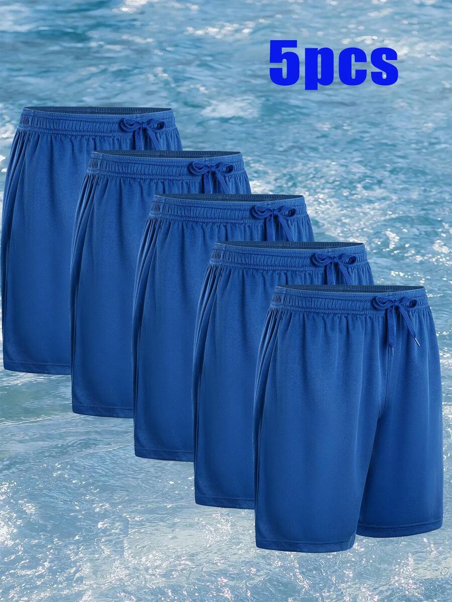 5 Pcs Men's Athletic Performance Shorts - Quick Dry Polyester Micro Mesh With Elastic Waist & 2 Side Pockets (8 Inch Inseam) - Royal Blue*5 - View 1