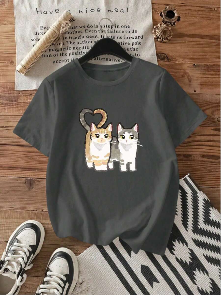 可爱猫咪印花简约休闲女式短袖夏季 T 恤，夏季女式宽松 T 恤