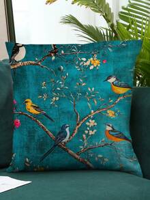 1件中国风绿色小鸟图案 - 17.7*17.7英寸柔软天鹅绒枕套，单面印花，拉链封口 - 非常适合沙发和家居装饰 - 无刺绣（不含枕芯）