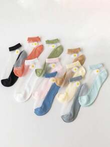 10 Pares (Cor Aleatória) Meias de Seda com Padrão Margarida Femininas Novas, Meias Casuais de Verão Transparentes e Respiráveis na Altura do Tornozelo, Fashionistas
