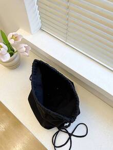 New Canvas Backpack, Shoulder Strap & Drawstring Pocket Design, Shopping/Student Bag, Bookbag - Black - View 6