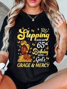 Stepping Into My 65th Birthday Afro Woman Religious Birthday T-Shirt Women Fashion Printing Tshirt - Black - View 1