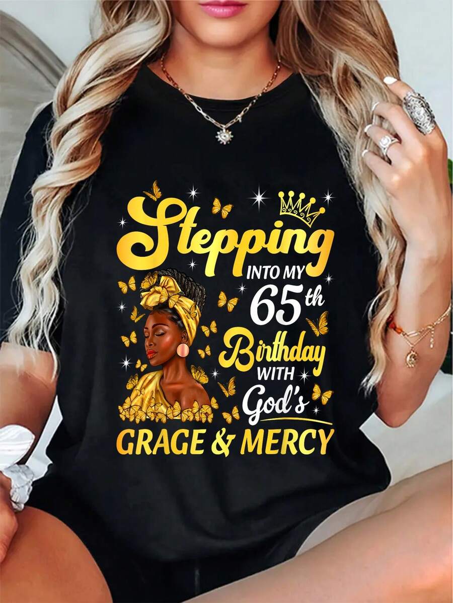 Stepping Into My 65th Birthday Afro Woman Religious Birthday T-Shirt Women Fashion Printing Tshirt - Black - View 1
