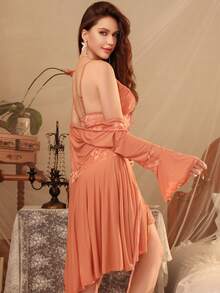 2 piezas Camisón de mujer sin mangas con parches de encaje, suelto y elástico, transparente, con sujetador acolchado y bata con manga larga y cinturón, adecuado para uso casual y en el hogar, ropa de otoño e invierno - Albaricoque - Ver 6