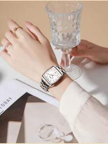 BIDEN 1件装时尚方形女士石英表，休闲简约，夜光表盘，不锈钢表带，带日历功能，送礼佳品 - 白色 - 查看 6