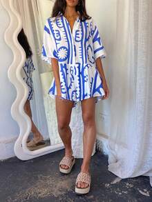 Women's Summer Short Boho Jumpsuit Half Sleeve Lapel Button Up Pattern Print Playsuit - Blue - View 3