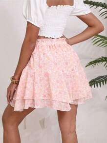 Women's Fashion Culottes, Layered Ruffle Hem, Elastic Waist With Drawstring, Casual Skirt