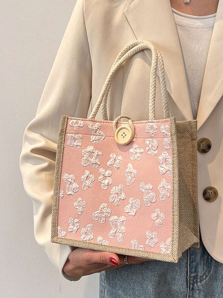 Linen Handbag,Khaki Colored Bag, Linen Button Decoration Handbag, Simple Large Capacity Handbag, Portable Casual Storage Handbag, Multi-Functional Shopping Bag, New Design, Large Capacity, Shopping Ideal, Shoulder Bag, Handbag, Lunch Bag, Lunch Box, Messenger Bag, Suitable For Women, Mother's Day Gift, Daily Use, Dating, Birthday, Holiday, Back To School, Summer, Vacation, Beach, Travel
