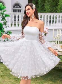 UNITHORSE Strapless, Drop Shoulder,Waist Cinched, Short Wedding Dress With 3D Floral Decor, Flattering And Elegant,Bride
