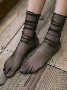 1 双/5 双女士金属线蕾丝边中筒袜，透明网眼透视荷叶边袜子，轻便春夏秋季