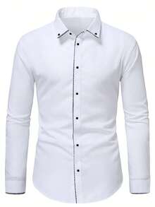 Camisa de manga larga con cuello mao de unicolor, informal y de negocios para hombre. Camisa formal ajustada para hombre. Camisa de unicolor para hombre. Adecuada para uso diario, ir al trabajo, salir y reuniones. Se puede combinar con pantalones de traje o traje para asistir a fiestas, bodas y ocasiones de luna de miel. Se puede regalar a un hijo, esposo, novio o padre, para el otoño. - Blanco - Ver 4