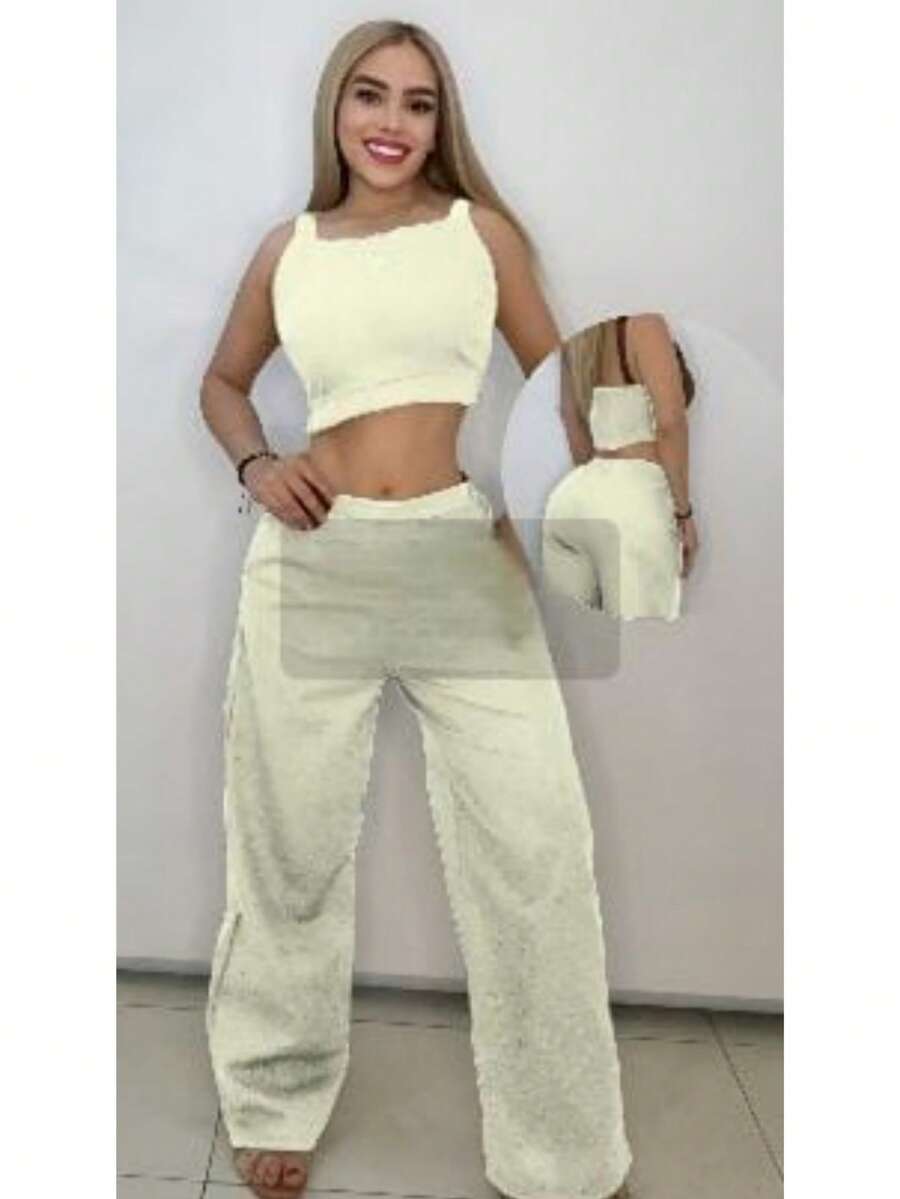 Two-Piece Linen Set Plain Elegant Knot Pocket - 米色 - 查看 1