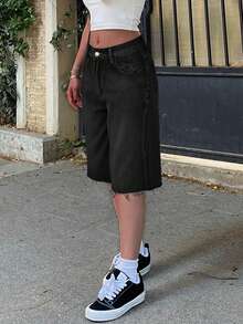 Y2K街头风中腰破洞毛边阔腿百慕大及膝牛仔短裤 - 黑色 - 查看 3