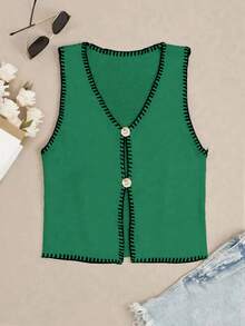 Women Spring/Summer Women Lightweight Sweater Vest Casual Contrast Trim Sleeveless Open Button Knitted Sweater Vest, Y2K, Daily, Commuting, Shopping, Beach, Leisure And Simple, Music Festival, Outdoor Pool Party, Street/4th Of July/Graduation - Dark Green - View 3
